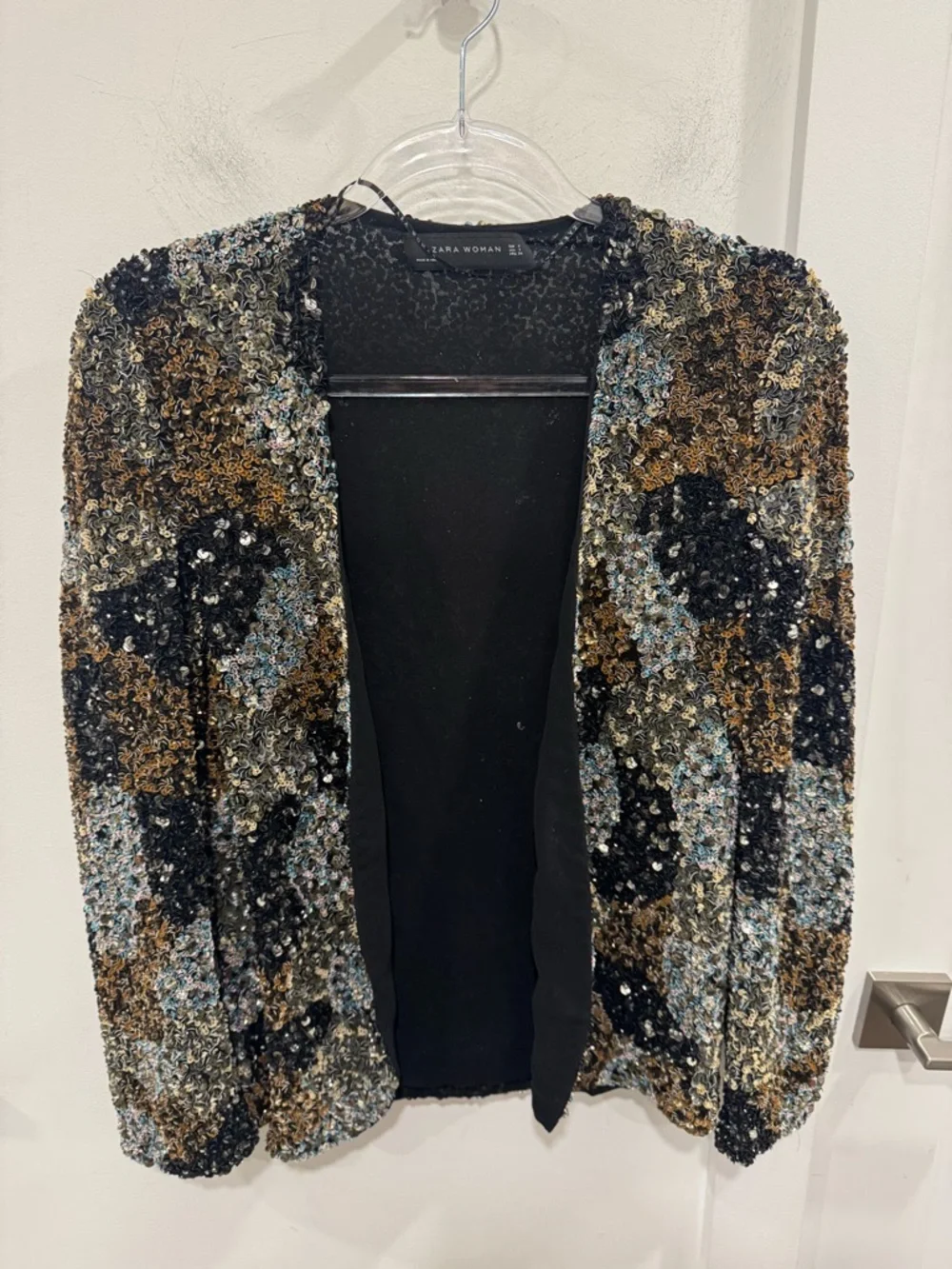 Zara Sequined Open-Front Jacket in Black, Gold, Blue